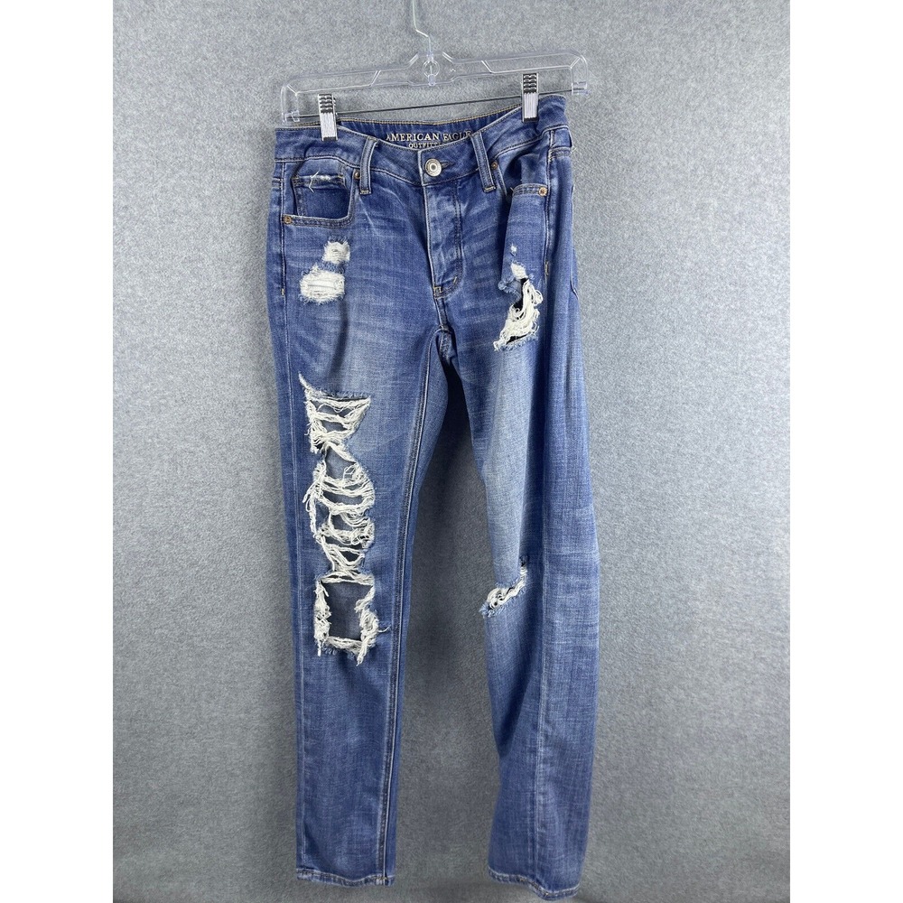 American‎ Eagle Jeans Womens 0 Blue Destroyed Straight Button Zipper Casual